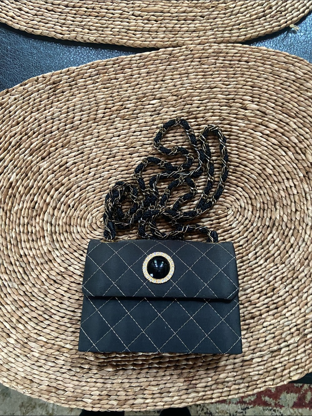 Black Quilted Chain-Handle Shoulder Bag with Gold Accent